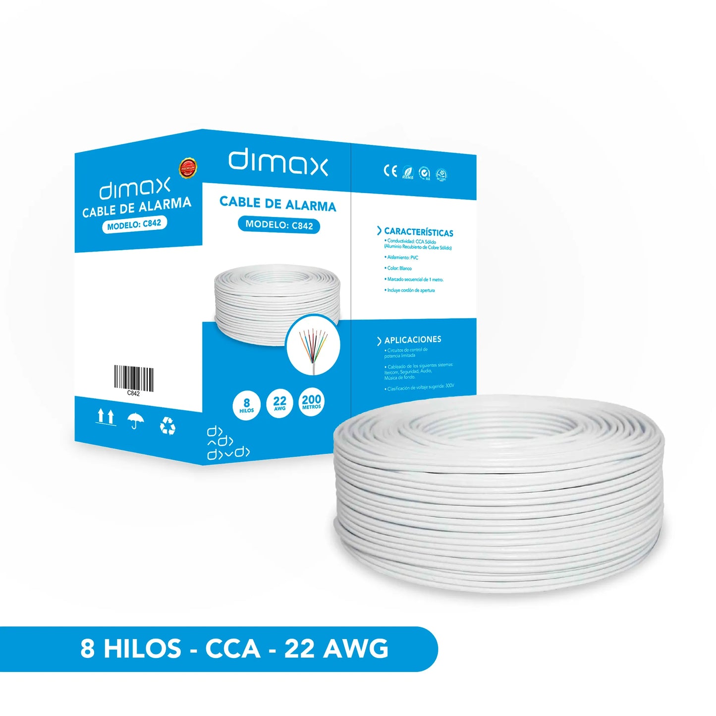 CABLE PARA ALARMAS 8 HILOS CCA, C842, DIMAX