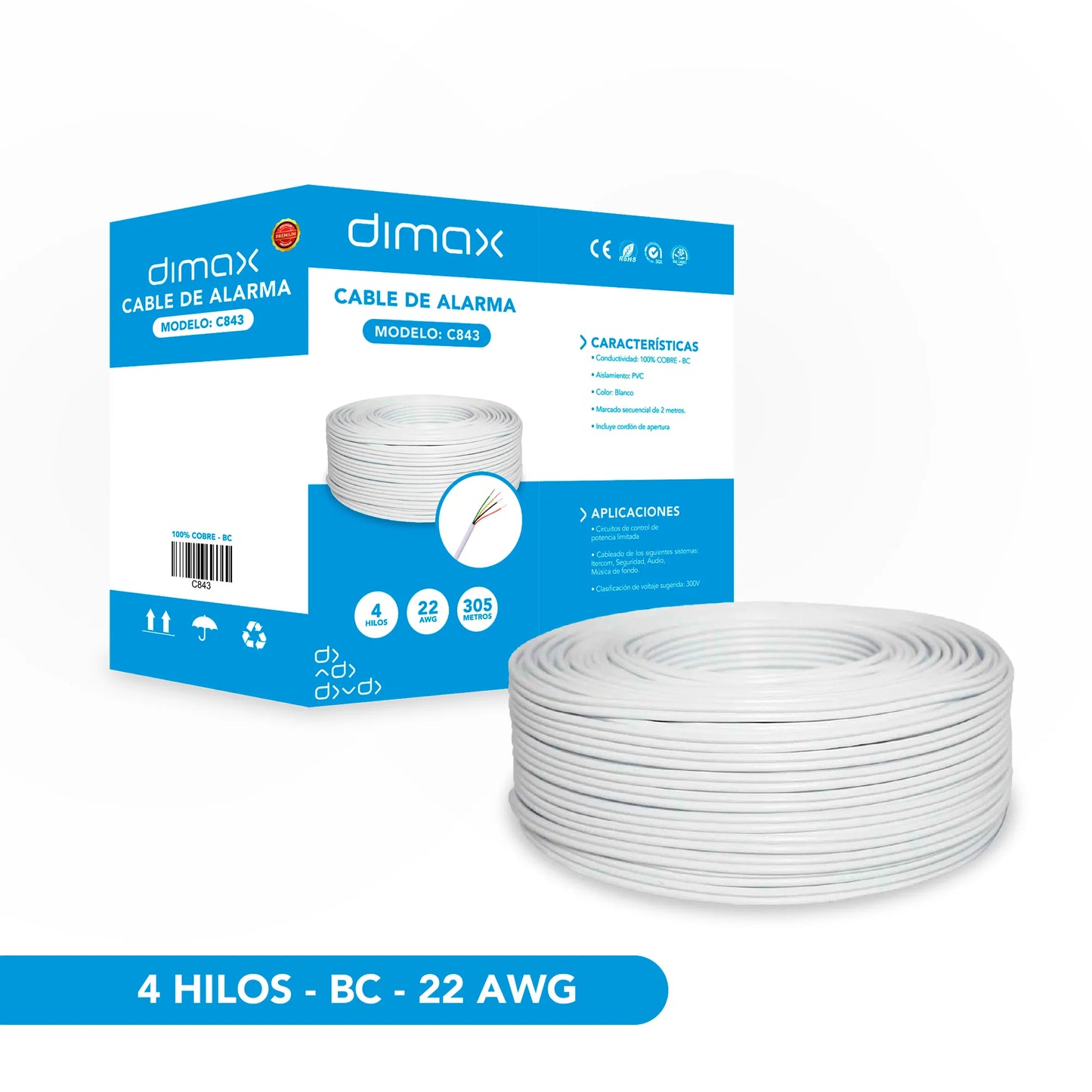 CABLE PARA ALARMAS 4 HILOS 100% COBRE, C843, DIMAX