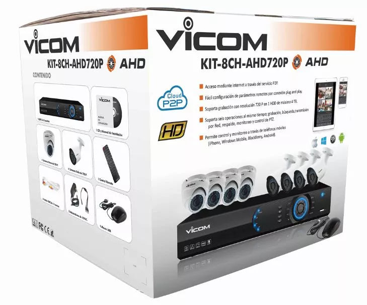 KIT AHD VICOM 8 CAMARAS, KIT-8CH-AHD720P, VICOM